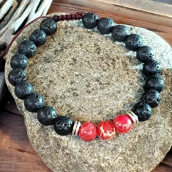 Chakra Healing Gemstone Bracelet Red Aqua Terra Jasper Black Lava - Picture 1 of 7